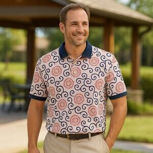 Daniel Cremieux Medallion & Scroll Polo Shirt L Red/Navy 100% Cotton